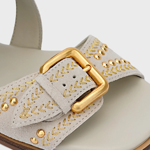 Sandália Flat Boho Multi Studs Couro Suede Off White Osso