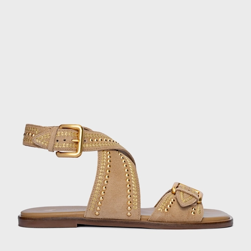 Sandália Flat Boho Multi Studs Couro Suede Bege Toffee