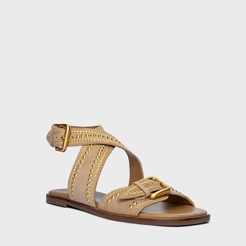 Sandália Flat Boho Multi Studs Couro Suede Bege Toffee