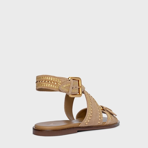 Sandália Flat Boho Multi Studs Couro Suede Bege Toffee