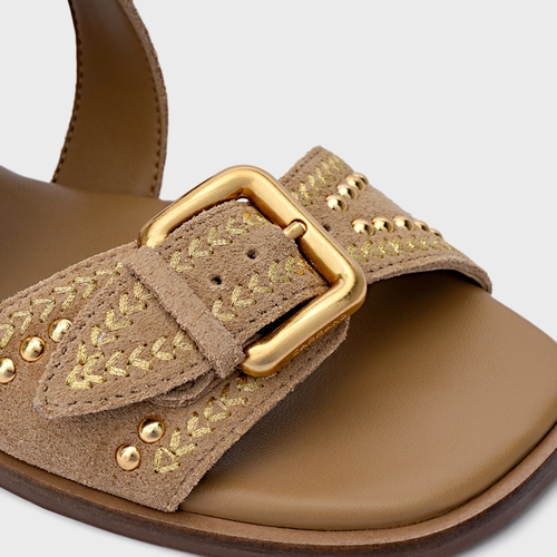 Sandália Flat Boho Multi Studs Couro Suede Bege Toffee