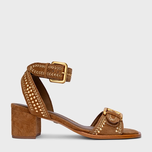 Sandália Boho Multi Studs Salto Bloco Couro Suede Marrom Saddle