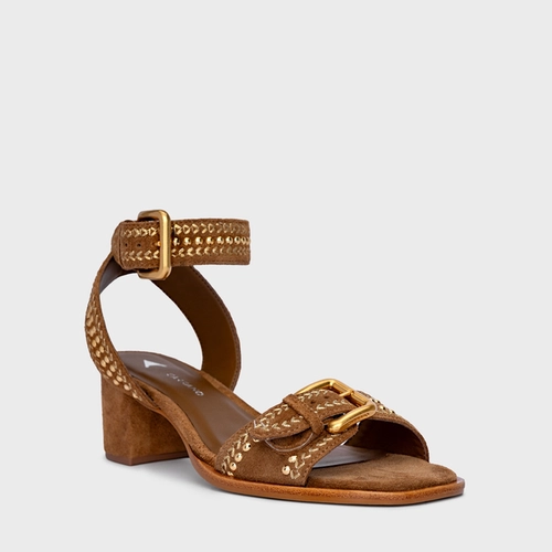 Sandália Boho Multi Studs Salto Bloco Couro Suede Marrom Saddle