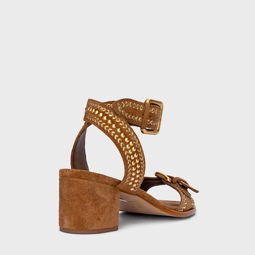 Sandália Boho Multi Studs Salto Bloco Couro Suede Marrom Saddle