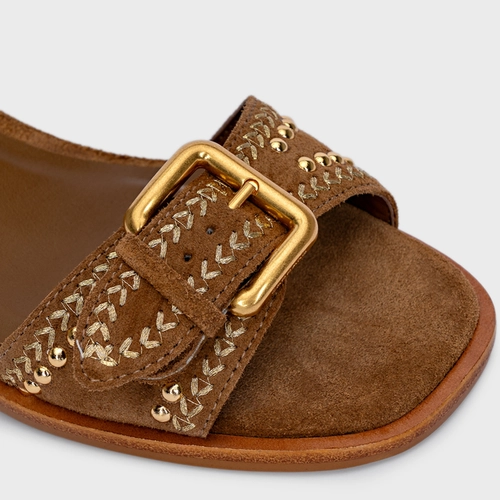 Sandália Boho Multi Studs Salto Bloco Couro Suede Marrom Saddle