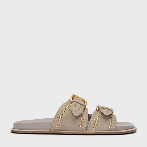 Flat Papete Boho Multi Studs Couro Suede Cinza Cashmere