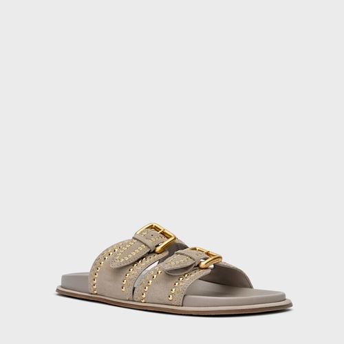 Flat Papete Boho Multi Studs Couro Suede Cinza Cashmere