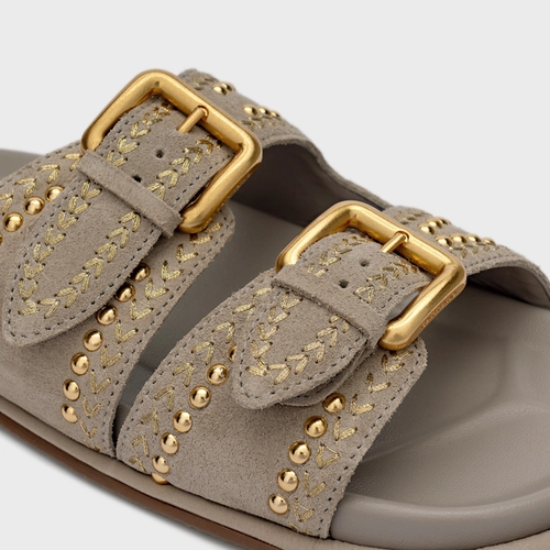 Flat Papete Boho Multi Studs Couro Suede Cinza Cashmere