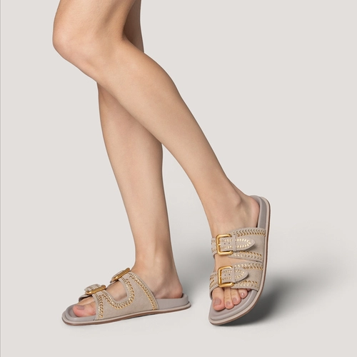 Flat Papete Boho Multi Studs Couro Suede Cinza Cashmere