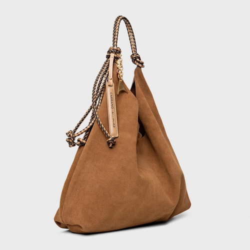 Bolsa Hobo Collab Carrano + A.mar Couro Suede Marrom Saddle