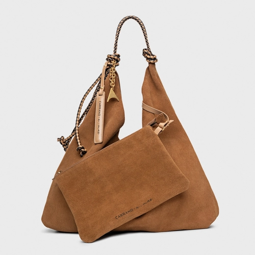 Bolsa Hobo Collab Carrano + A.mar Couro Suede Marrom Saddle