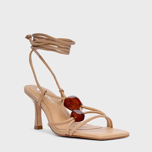 Sandália Natural Stone Lace Up Salto Fino Couro Bege Porcini