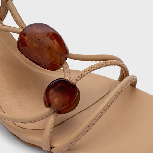 Sandália Natural Stone Lace Up Salto Fino Couro Bege Porcini
