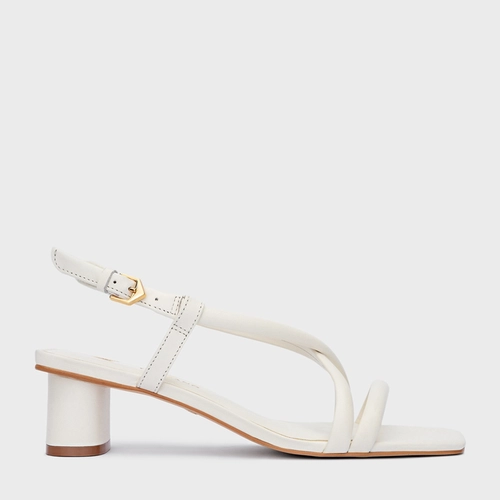 Sandália Tiras Salto Oval Médio Couro Off White Milk