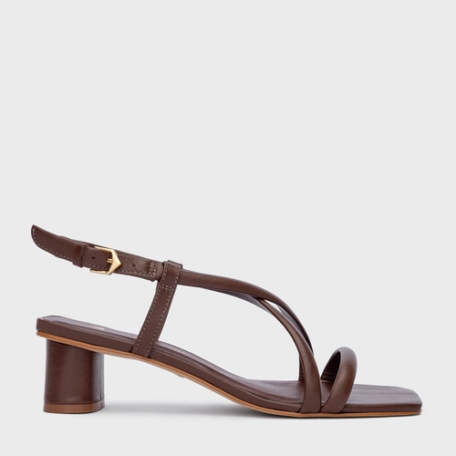Sandália Tiras Salto Oval Médio Couro Marrom Brunette