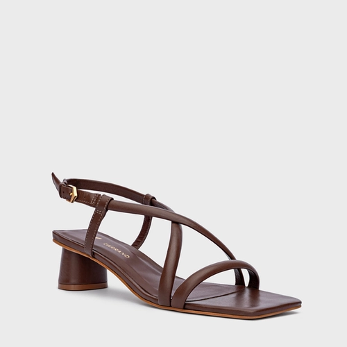 Sandália Tiras Salto Oval Médio Couro Marrom Brunette