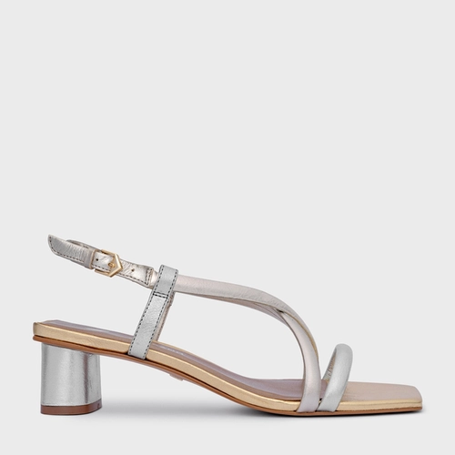 Sandália Tiras Salto Oval Médio Couro Metalizado Mix