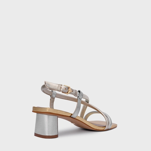 Sandália Tiras Salto Oval Médio Couro Metalizado Mix