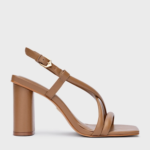 Sandália Tiras Salto Oval Couro Marrom Honey