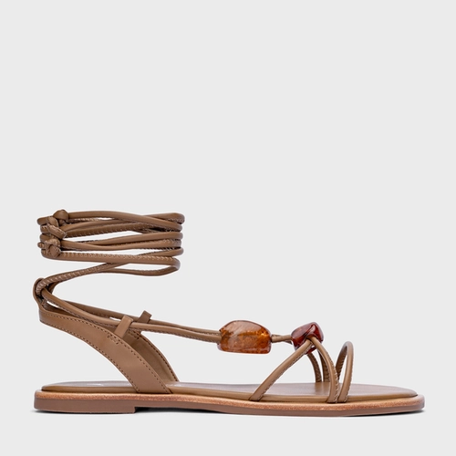 Sandália Flat Natural Stone Lace Up Couro Marrom Honey