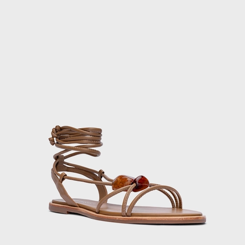 Sandália Flat Natural Stone Lace Up Couro Marrom Honey