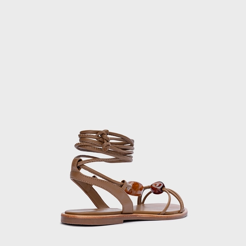 Sandália Flat Natural Stone Lace Up Couro Marrom Honey