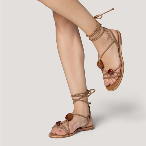 Sandália Flat Natural Stone Lace Up Couro Marrom Honey