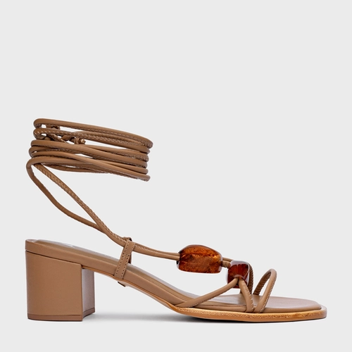 Sandália Natural Stone Lace Up Salto Bloco Couro Marrom Honey