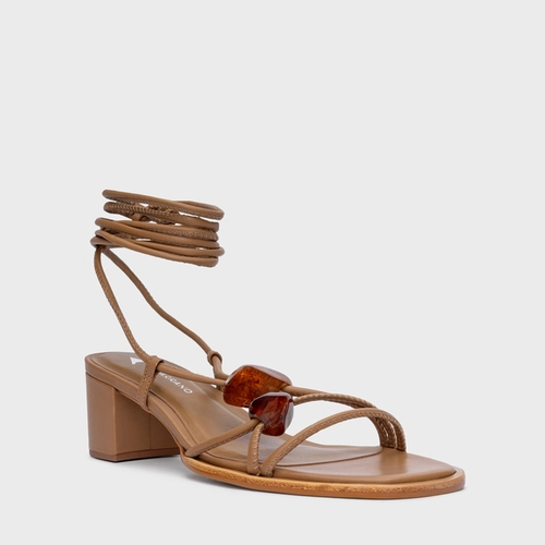 Sandália Natural Stone Lace Up Salto Bloco Couro Marrom Honey