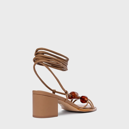 Sandália Natural Stone Lace Up Salto Bloco Couro Marrom Honey