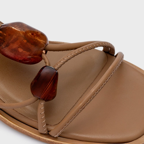 Sandália Natural Stone Lace Up Salto Bloco Couro Marrom Honey