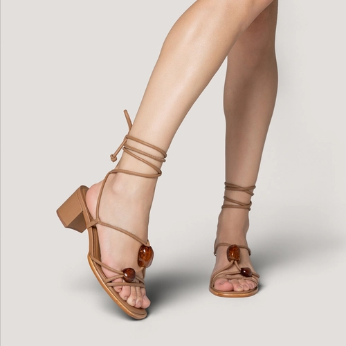 Sandália Natural Stone Lace Up Salto Bloco Couro Marrom Honey