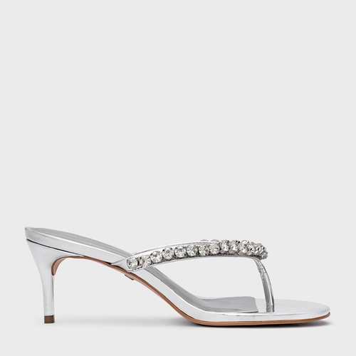 Open Mule Thong Cristal Salto Fino Couro Spechio Prata