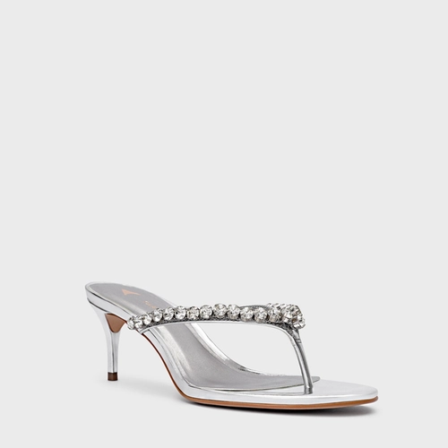 Open Mule Thong Cristal Salto Fino Couro Spechio Prata