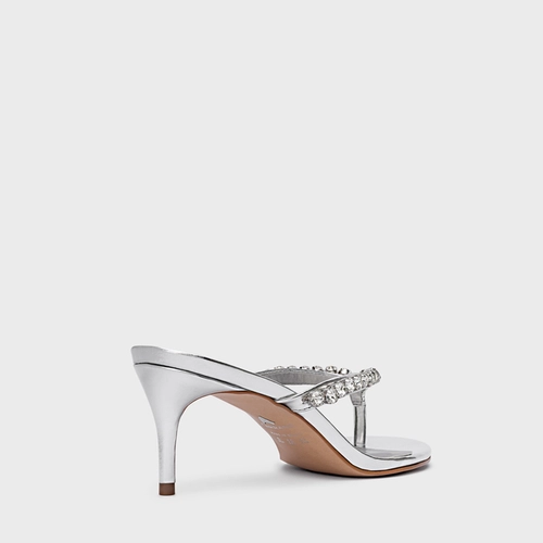Open Mule Thong Cristal Salto Fino Couro Spechio Prata