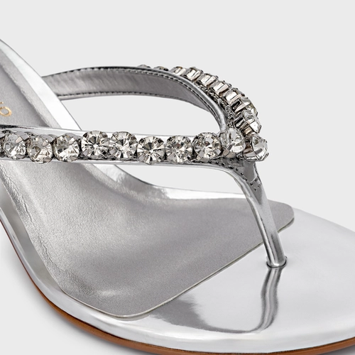 Open Mule Thong Cristal Salto Fino Couro Spechio Prata