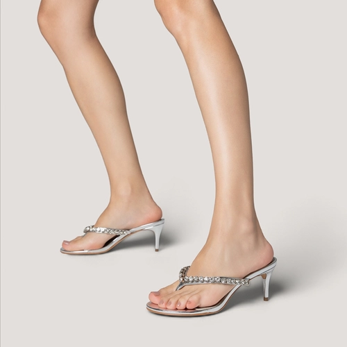 Open Mule Thong Cristal Salto Fino Couro Spechio Prata