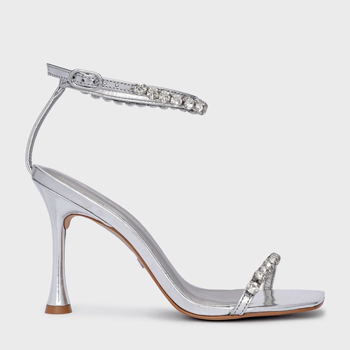 Sandália Unique Cristal Salto Fino Couro Spechio Prata