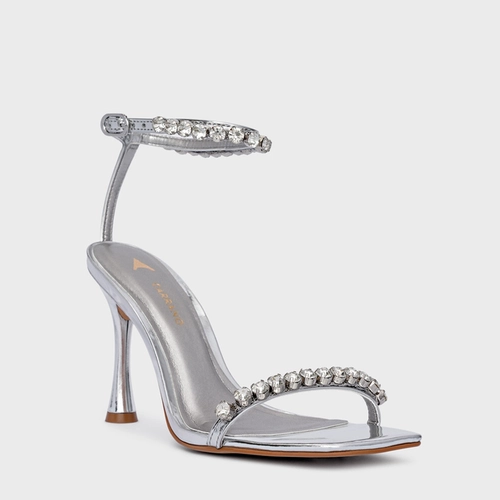 Sandália Unique Cristal Salto Fino Couro Spechio Prata