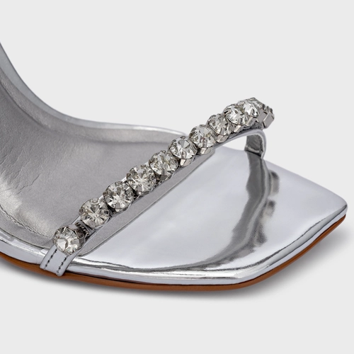 Sandália Unique Cristal Salto Fino Couro Spechio Prata
