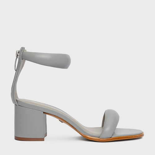 Sandália Puffy Tiras Salto Bloco Couro Cinza Cromo