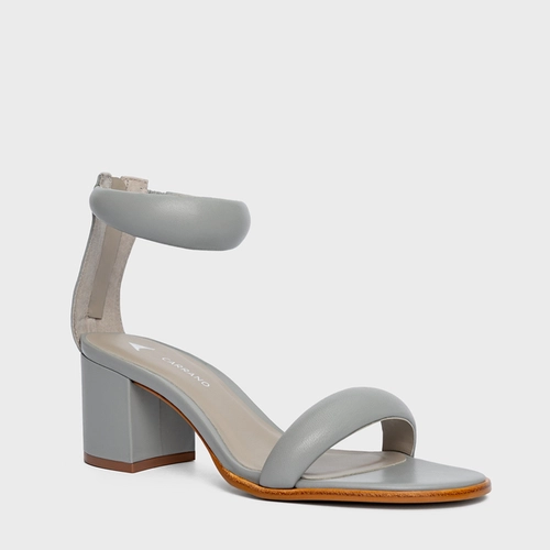 Sandália Puffy Tiras Salto Bloco Couro Cinza Cromo