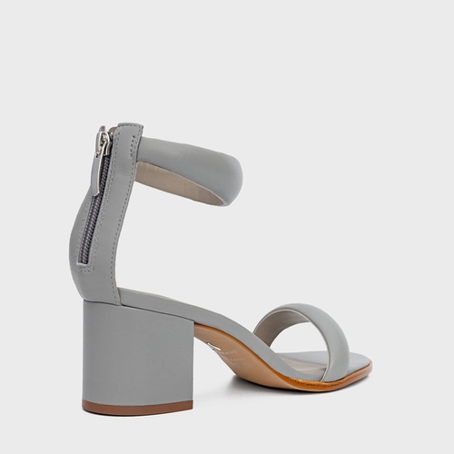 Sandália Puffy Tiras Salto Bloco Couro Cinza Cromo