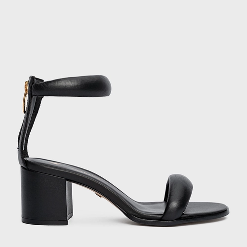 Sandália Puffy Tiras Salto Bloco Couro Preto