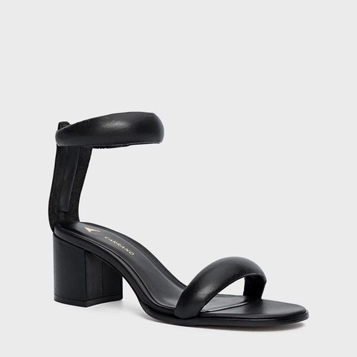 Sandália Puffy Tiras Salto Bloco Couro Preto