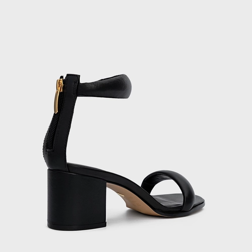 Sandália Puffy Tiras Salto Bloco Couro Preto