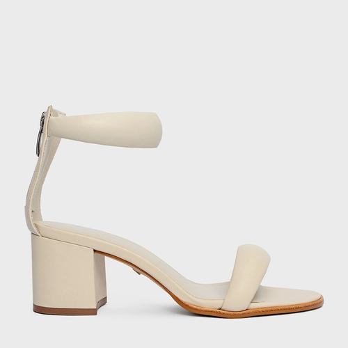 Sandália Puffy Tiras Salto Bloco Couro Off White Egg Shell