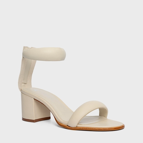 Sandália Puffy Tiras Salto Bloco Couro Off White Egg Shell