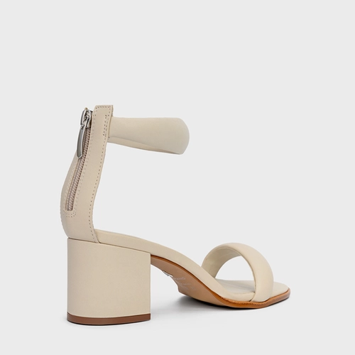 Sandália Puffy Tiras Salto Bloco Couro Off White Egg Shell