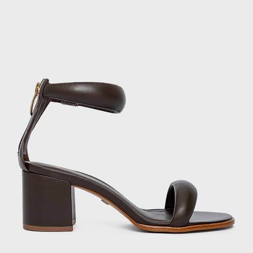 Sandália Puffy Tiras Salto Bloco Couro Marrom Dark Brown